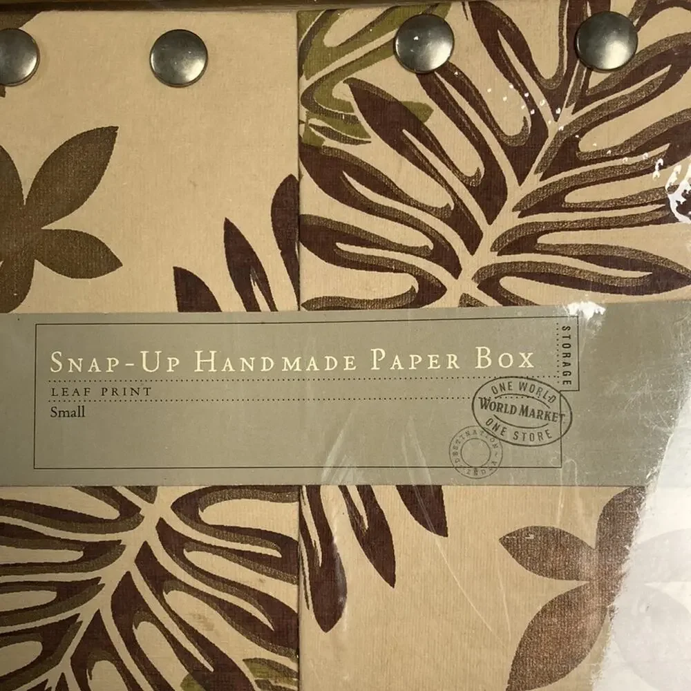 World Market Snap-Up Handmade Paper Box Leaf Print Small Storage